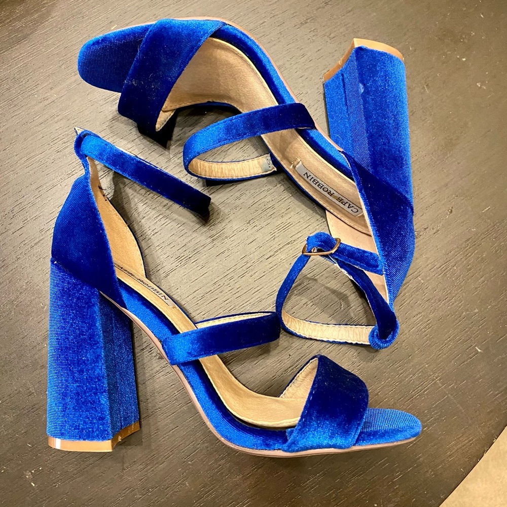 Blue Velvet Block Heel with Ankle Straps
